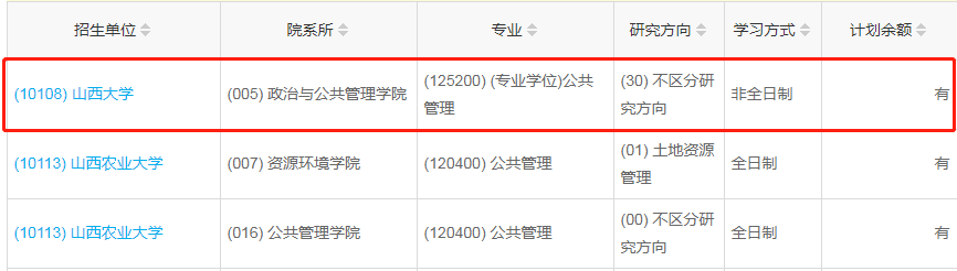 山西大學2023年公共管理（MPA）少量調(diào)劑指標