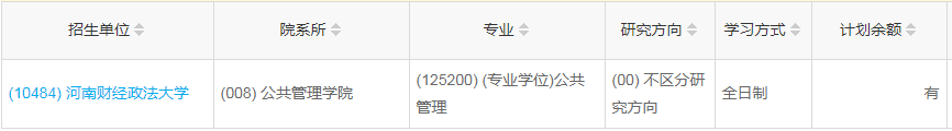 河南財經政法大學2023年公共管理（MPA）少量調劑指標